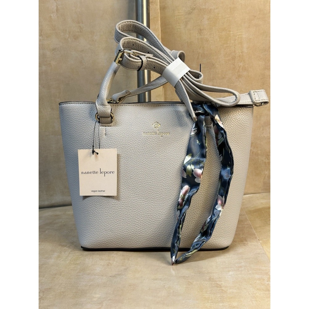 Nanette‎ Lepore Tote Bag Womens Small Pearl Gray Vegan Leather Scarf Excellent